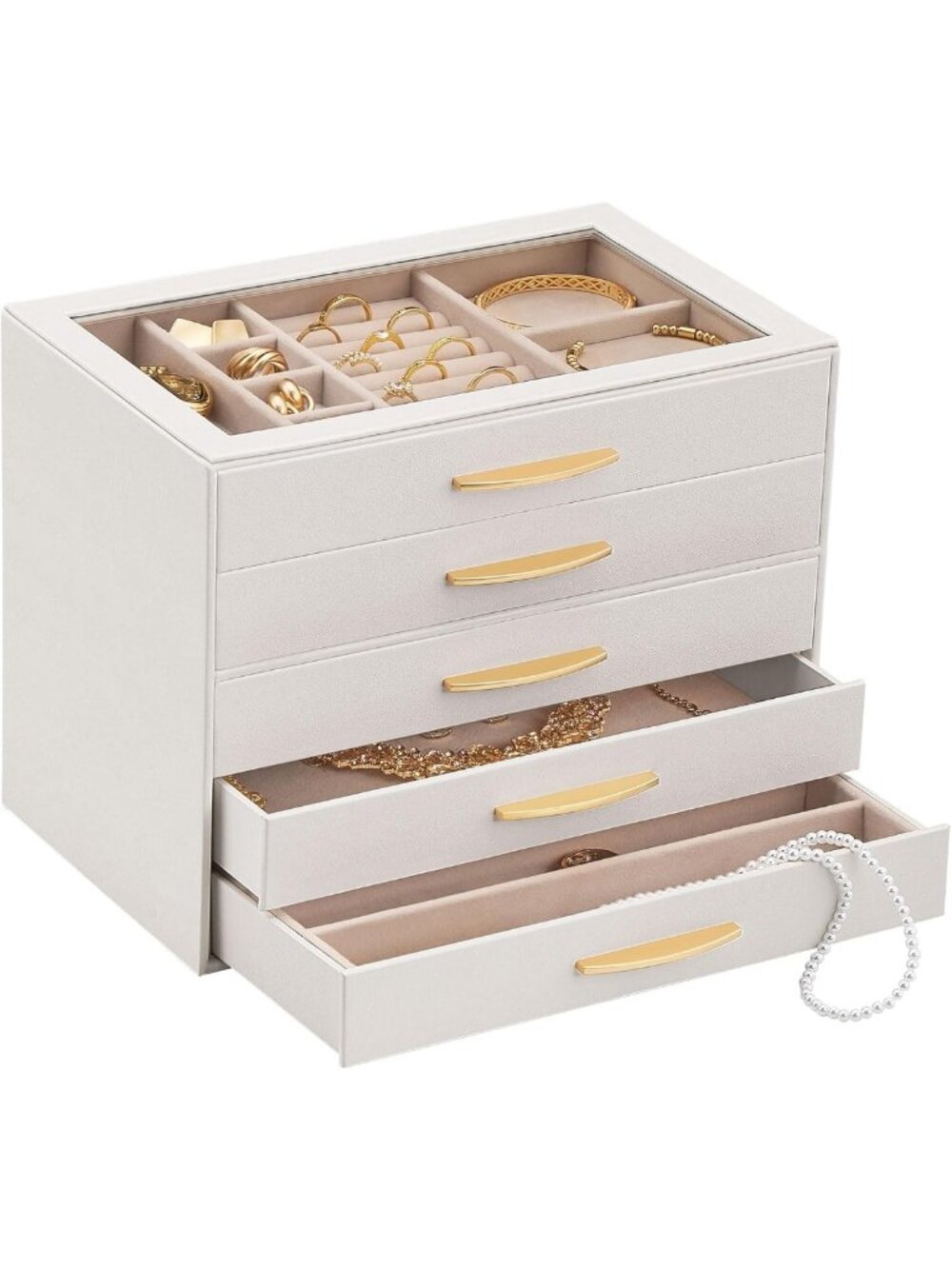 Elegant Jewelry Box Organizer with Glass Lid - 5 Layers, Beige Storage Case for